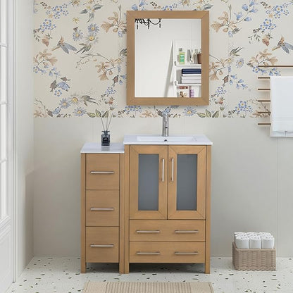 HOMEBEYOND 36 Inch Modern Bathroom Vanity with Sink & Mirror, Single Vanity Cabinet with Basin and Mirror, Dove-Tailed Drawers, Soft-Closing Doors, Wood, Natural Oak