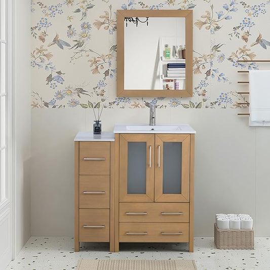 HOMEBEYOND 36 Inch Modern Bathroom Vanity with Sink & Mirror, Single Vanity Cabinet with Basin and Mirror, Dove-Tailed Drawers, Soft-Closing Doors, Wood, Natural Oak