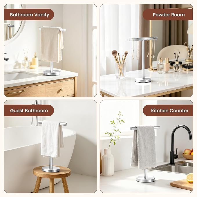 Hand Towel Holder Stand, Freestanding Bathroom Towel Rack, Silver, 2 Pack | Weighted Stainless Steel Base Helps Prevent Tipping While The Open T-Shape Keeps Towels Dry on Bathroom Countertops
