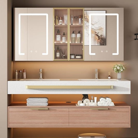 60-Inch Double Sink Vanity with Medicine Cabinet, Mirror Defogger, Wall Mounted Floating Storage (60")