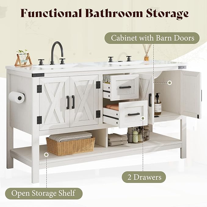 AMERLIFE 60” Farmhouse Bathroom Vanity with Double Sink, Freestanding Cabinet with 2 Drawers, 4 Barn Doors & Open Shelf, Rustic Storage for Master or Family Bathroom, Antique White