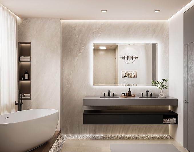 55 x 36 Backlit Bathroom Mirror, Frameless LED Mirror for Bathroom, Tempered Glass, 3 Colors Lights, Defogging, Adjustable Brightness, Smart Bathroom Mirror, Lighted Mirrors for Bathroom Wall