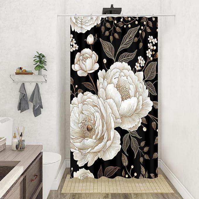 Black and Gold Stall Shower Curtain, Dark Roses Leaves Botanical Aesthetic Boho Floral Small Shower Curtain for Bathroom with Hook, Vintage Rose Gold Flowers Fabric Unique Chic Shower Curtain 36X72