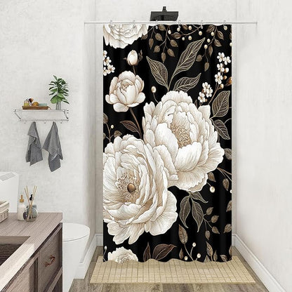 Black and Gold Stall Shower Curtain, Dark Roses Leaves Botanical Aesthetic Boho Floral Small Shower Curtain for Bathroom with Hook, Vintage Rose Gold Flowers Fabric Unique Chic Shower Curtain 36X72