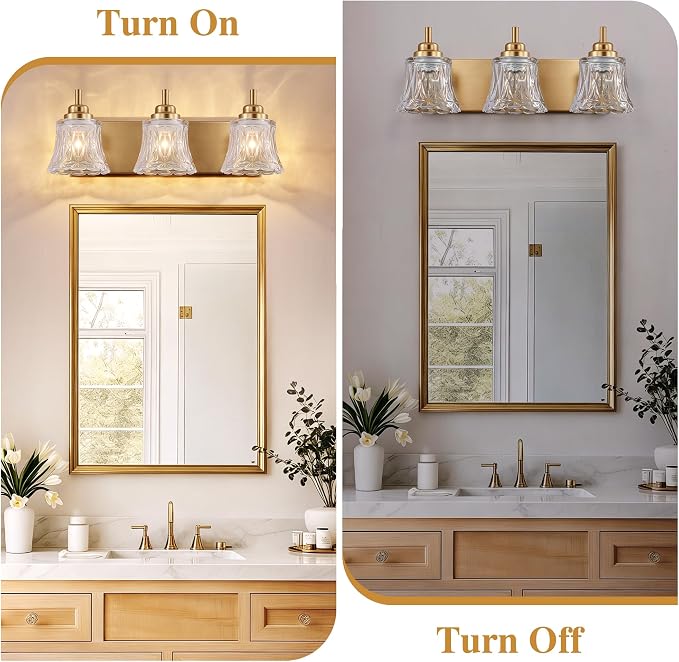 LmnLvn Brushed Gold Bathroom Light Fixtures, 3-Light Crystal Glass Shade | Mounted Over Mirror, Antique Brass Accents, Vintage Vanity Light for Bedroom & Living Room, Easy To Install