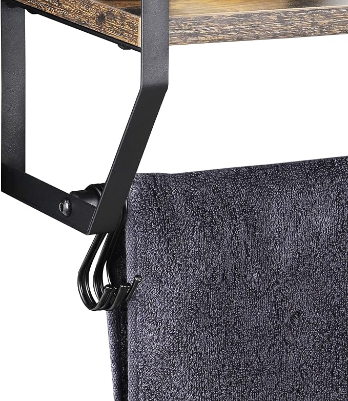 OYEAL Bathroom Shelf with Towel Bar Wall Mounted Towel Rack | Rustic Towel Shelf for Bathroom with 5 Hooks, 2 Tier Shelf Storage Organizer for Living Room, Kitchen, Bedroom, Rustic Brown