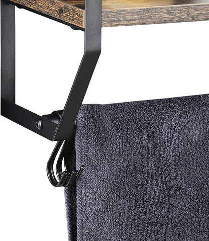 OYEAL Bathroom Shelf with Towel Bar Wall Mounted Towel Rack | Rustic Towel Shelf for Bathroom with 5 Hooks, 2 Tier Shelf Storage Organizer for Living Room, Kitchen, Bedroom, Rustic Brown