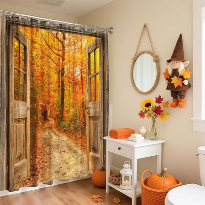 Boho Fall Forest Shower Curtain, Autumn Nature Jungle Woodland Maple Leaves Tree Shower Curtain Set, Rustic Barn Door Fabric Farmhouse Cabin Shower Curtain for Bathroom 12 Hooks, 72x72 Orange Yellow