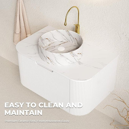 LKTART 30 Inch Floating Bathroom Vanity with Sink, Modern Wall Mounted Bathroom Storage Cabinet with Drawer, Stone Pattern Round White Ceramic Sink Top and Marble Texture Top, White