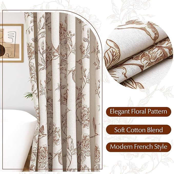 MitoVilla Brown Farmhouse Shower Curtain Set, Cotton Floral Hummingbird Cottagecore Spring Shower Curtains for Bathroom, Modern Country Bathroom Décor, 72" W x 72" L