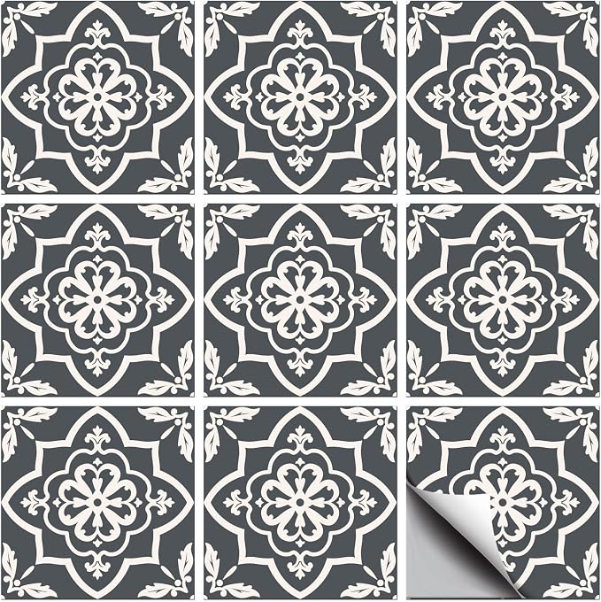 36 Pcs Beige Pattern Peel and Stick Wall Tile Stickers, 4x4inch | Vintage Gray Patterns Wall Tile Stickers Waterproof Self Adhesive Stick on Tiles Decals for Kitchen Bathroom Wall Art Decor
