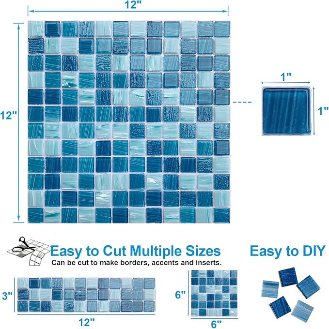LSDECO 5 Sheets Glass Mosaic Tiles Backsplash, Pool Tiles, 12" x 12" Kitchen Backsplash Tile, Glass Tiles for Bathroom Border Shower Wall (5 Sq.Ft Azure)