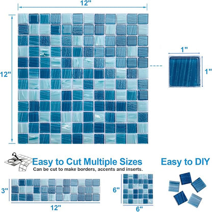 LSDECO 5 Sheets Glass Mosaic Tiles Backsplash, Pool Tiles, 12" x 12" Kitchen Backsplash Tile, Glass Tiles for Bathroom Border Shower Wall (5 Sq.Ft Azure)