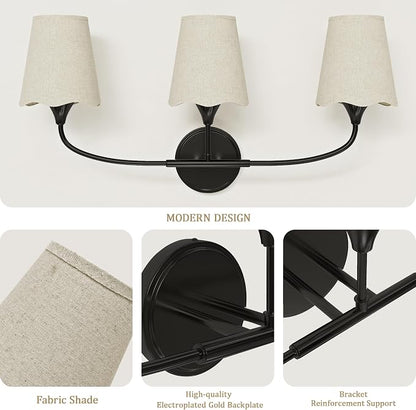 Morauroral Bathroom Light Fixtures Over Mirror, 3 Light Vanity Light for Bathroom, Black Vanity Light Fixtures with Fabric Linen Shade, E26 Socket Sconce Wall Decor(ETL Listed)