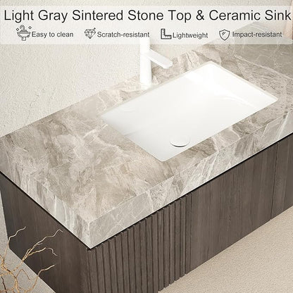Ambrovina 30" Floating Bathroom Vanity with Sink, Modern Plywood Bathroom Storage Cabinet with Drawer and Door, Gray Sintered Stone Countertop and Ceramic Basin, Pre-Assembled, Espresso Woodgrain