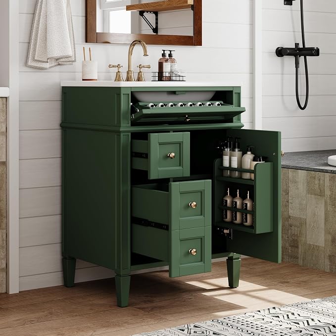 Merax 24 Inch Bathroom Vanity with Ceramic Sink, Solid Wood Frame Modern Bathroom Sink Storage Cabinet with 2 Drawers and a Tip-Out Drawer, Single Sink Bathroom Vanities, Green