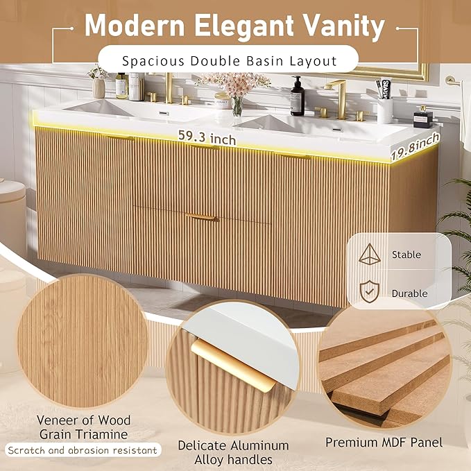 Merax 60 inch Bathroom Vanity with Double Sink, Floating Bathroom Vanities with SMC Resin Top, Painted MDF Cabinet with Solid Wood Frame, Wall-Mounted Modern Storage Vanity for Large Bathrooms