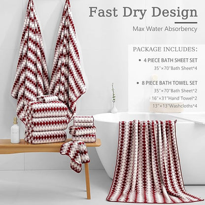 4 Piece Bath Towel Set Oversized Bath Sheet 35"x70" Bathroom Towel Extra Large Towel Set Soft Highly Absorbent & Quick Dry Premium Bath Sheet for Bathroom 600GSM Shower Towel Spa Gym Hotel,Burgundy
