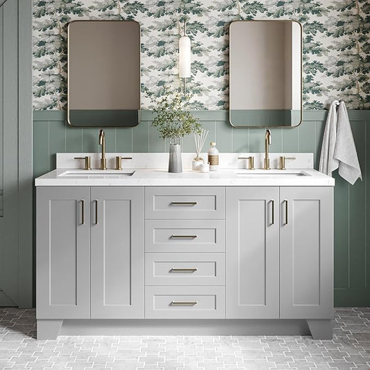 DKB Emilia 66" Grey Double Bathroom Vanity, 1.5" Edge Carrara Quartz Countertop, Double Rectangular Sinks, 4 Soft Closing Doors, 6 Full Extension Dovetail Drawers, Satin Brass