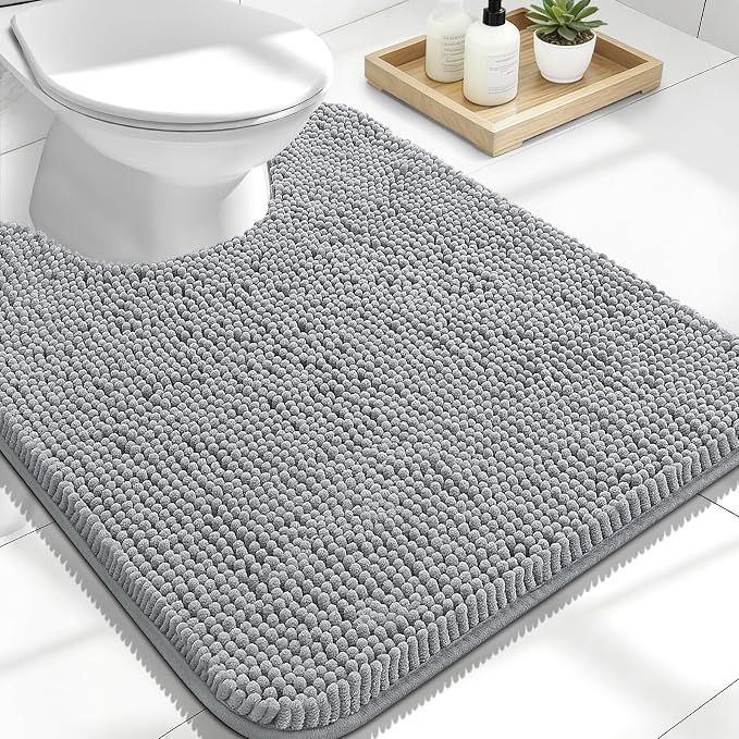 OLANLY Toilet Rugs U-Shaped 24x20, Soft Absorbent Chenille Contour Rugs | Light Grey, Quick-Drying Rubber Backing, Machine Washable Non-Slip Shaggy Bathroom Mat for Toilet, Home Decor Accessories