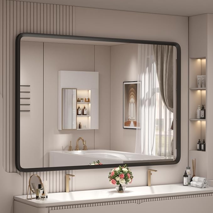 44x30 Inch Black Matte Framed Mirror for Bathroom | Rounded Rectangle Mirror, Black Metal Vanity Mirror for Wall, Anti-Rust, Shatterproof (Horizontal/Vertical)
