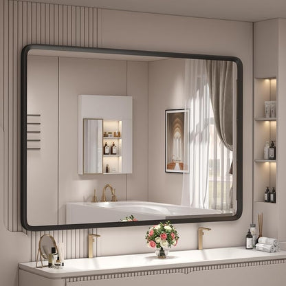 44x30 Inch Black Matte Framed Mirror for Bathroom | Rounded Rectangle Mirror, Black Metal Vanity Mirror for Wall, Anti-Rust, Shatterproof (Horizontal/Vertical)