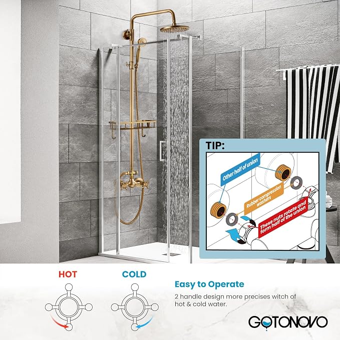 gotonovo Exposed Shower System with Shelf 2 Cross Handle Antique Brass | Bathroom Brass Shower Faucet Set,8’’ Rainfall Head with Handheld Sprayer,SUS304 Shelf,6’’ Hole Distance,Adjustable Height