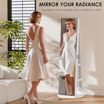 Zamildon's 360° Swivel Jewelry Mirror Cabinet, Lockable Standing Jewelry Armoire with Full Length Mirror, Storage Shelves, Built-in Makeup Mirror (White)