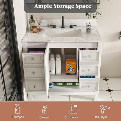 Montary 36" Bathroom Vanity with 37" Artificial Marble Carrara White Top, Modern Stylish MDF Bathroom Storage Cabinet, Freestanding Vanity Set with One Cabinet & 3 Drawers, White (Three Holes)