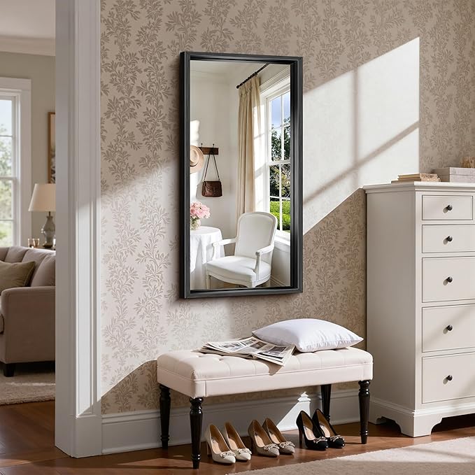 CIRCUMI 20"x40" Black Mirror with Chunky Box Metal Frame, Brushed Finish Rectangular Bathroom Mirrors for Over Sink, Living Room, Entryway, Tempered Glass Mirror for Wall, Vertical or Horizontal