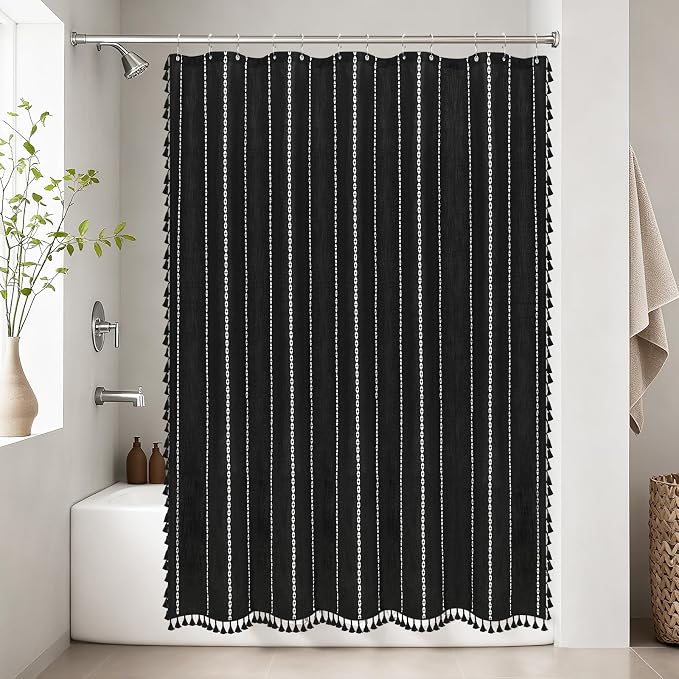 Seenus 72 x 76 inch Extra Long Boho Chic Shower Curtain Heavyweight with Tassels, Soft Linen Textured Fabric Farmhouse Shower Curtain, Elegant Black and White Striped Bathroom Curtain Water Repellent
