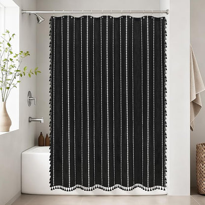 Seenus 72 x 76 inch Extra Long Boho Chic Shower Curtain Heavyweight with Tassels, Soft Linen Textured Fabric Farmhouse Shower Curtain, Elegant Black and White Striped Bathroom Curtain Water Repellent