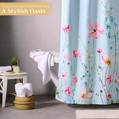 Maison d' Hermine Shower Curtain 100% Cotton One Panel 70"x72" Washable Fabric Shower Curtains for Bathroom, Easy Hanging with 12 Button Holes - Home Hotel Spa Easter Gifts (Delphinium - Cyan)