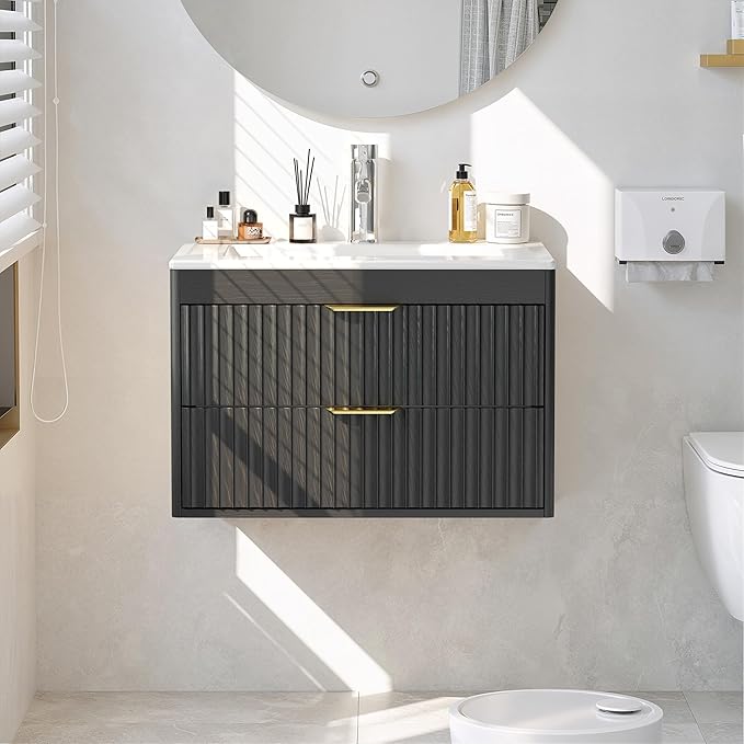 24 Inch Floating Bathroom Vanity with Sink, Bathroom Wall Cabinet with 2 Fluted Drawers & Metal Handle, Wall Mounted Cabinet for Bathrooms (Black, 24 inch, with Sink)