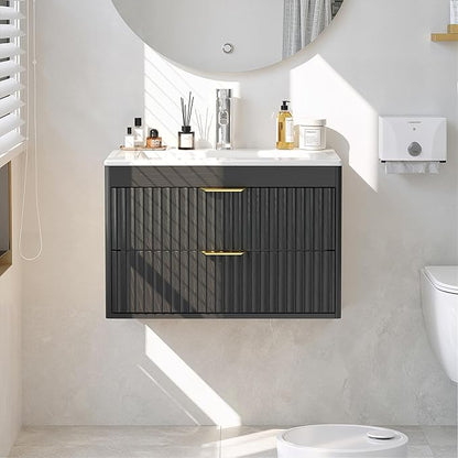 24 Inch Floating Bathroom Vanity with Sink, Bathroom Wall Cabinet with 2 Fluted Drawers & Metal Handle, Wall Mounted Cabinet for Bathrooms (Black, 24 inch, with Sink)