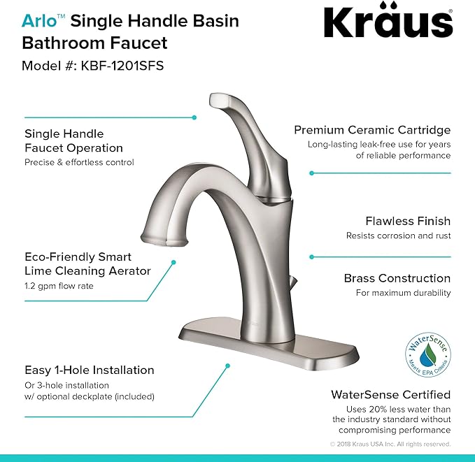 KRAUS KBF-1201SFS Arlo Single Handle Basin Bathroom Faucet with Lift Rod Drain and Deck Plate, Spot-Free All-Brite Stainless Steel (2-Pack)
