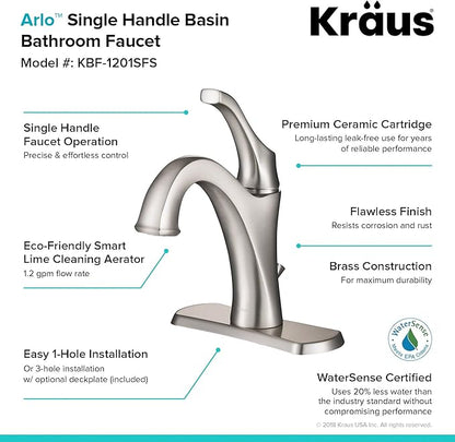KRAUS KBF-1201SFS Arlo Single Handle Basin Bathroom Faucet with Lift Rod Drain and Deck Plate, Spot-Free All-Brite Stainless Steel