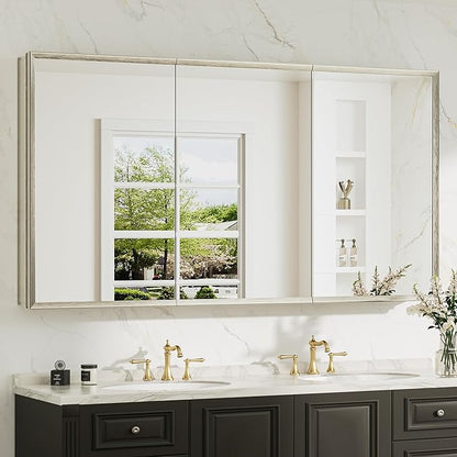 60 x 32 Brushed Nickel Recessed Medicine Cabinet with Mirror, Assembly Required, Bathroom Medicine Cabinet with Mirror, Stepless Adjustable Shelves, Beveled Aluminum Frame, DTC Hinge
