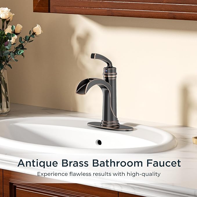 Forious Bathroom Sink Faucet Oil Rubbed Bronze Single Handle One Hole Antique Waterfall Bathroom Faucet with Metal Pop Up Drain and Deck Plate for Lavatory Vanity Farmhouse RV