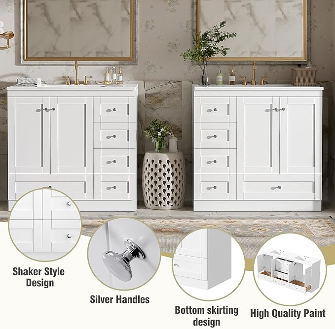 Harper & Bright Designs 72" Bathroom Vanity Set with Double Sink, Vanity Cabinet with 4 Cabinet Doors and 8 Drawers, Modern Design Solid Wood Bathroom Cabinet with Ceramic Basin for Bathroom, White