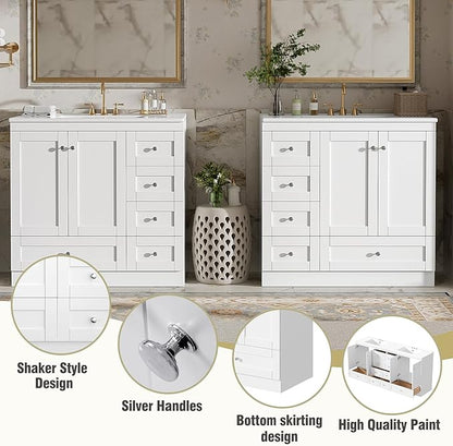 Harper & Bright Designs 72" Bathroom Vanity Set with Double Sink, Vanity Cabinet with 4 Cabinet Doors and 8 Drawers, Modern Design Solid Wood Bathroom Cabinet with Ceramic Basin for Bathroom, White