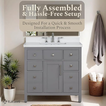 Lavanti Oakford 36 Inch Bathroom Vanity with Sink – Stylish Gray Vanity Bathroom with Storage Cabinet – Modern Bathroom Vanities with Single Vanity Sink & Quartz Countertop