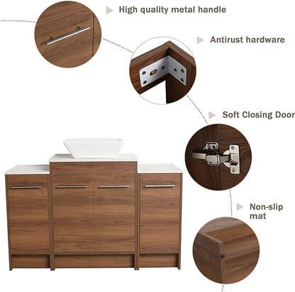 48" Bathroom Vanity, 48" Inch Freestanding Vanity with Ceramic Vessel Sink, Modern Single Sink Bathroom Vanity Combo, Brown Floor Stand Storage Cabinet Set with Soft-Closing Doors(BRE101, 48 * 18)