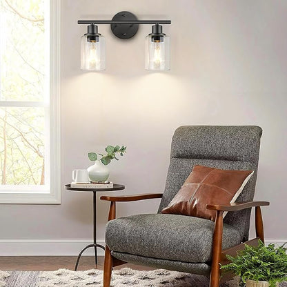Bathroom Light Fixtures, 2 Light Black Vanity Light, Wall Sconces Lighting | Modern Bath Wall Mounted Lights with Glass Shade, Porch Wall Lamp for Mirror, Living Room, Bedroom, Hallway, Cabinet