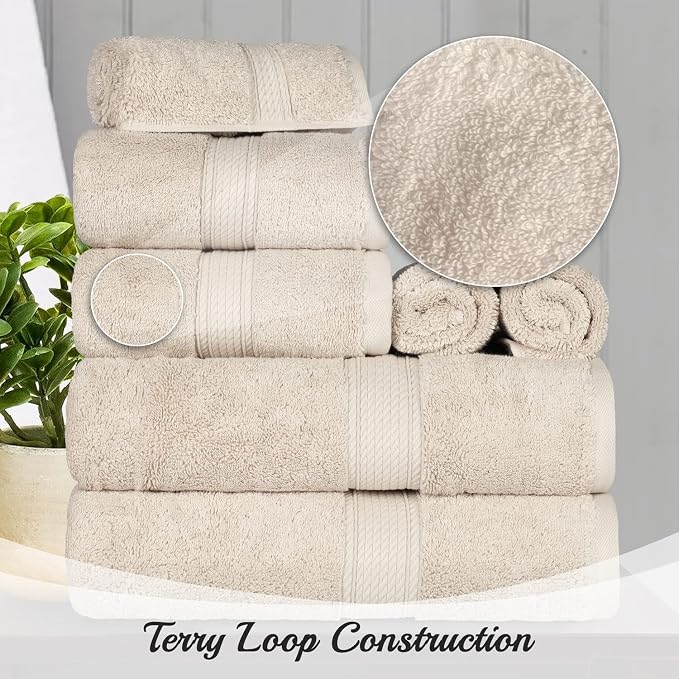 SUPERIOR Egyptian Cotton Ultra Plush & Absorbent, 8 Piece Set, Cream | Quick Dry, Soft Luxury Towel Set, Bath Essentials, Guest Bath, Spa, 2 Bath, 2 Hand, 4 Face Towels, Madeline Towels