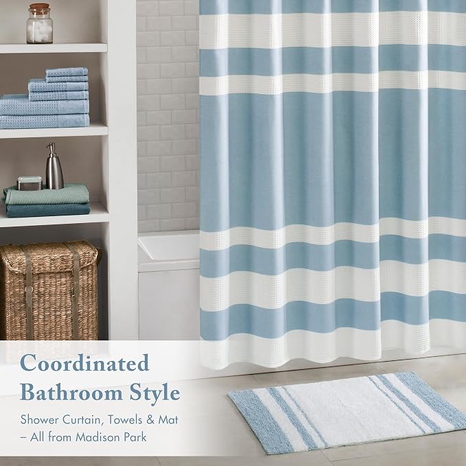 Madison Park Reversible Spa Rug 100%-Cotton Striped Ultra Soft Water Fast Bath Non-Slip Absorbent Quick Dry Mats for Tub, Shower Room, and Bathroom, 20"x30", Blue (MP72-6210) | Quick Dry, Ultra Soft, Pile, Machine Washable, Plush, OEKO-TEX Certified