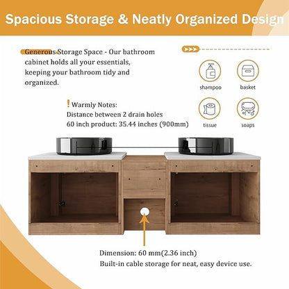 Malwee 60" Floating Bathroom Vanity with Sink, 60 Inch Wall Mounted Bathroom Cabinet Combo, Modern Double Sink Bath Storage Vanity Set, with 2 Soft Close Doors and Ceramic Vessel Basin Top(60-RR