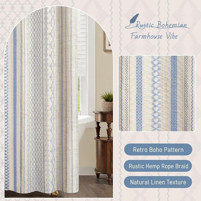 Light Blue Boho Linen Shower Curtain,72" W x 72" L | Linen Striped Print and Twine-Inspired Woven Center for Bathroom