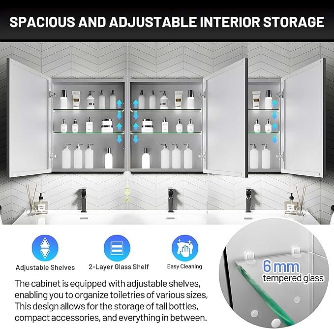 48 x 24 Medicine Cabinet Mirror for Bathroom,Assembly Required,Aluminum Alloy Frame,Surface-Mount Only,Mirrored Side Panel,Adjustable Shelves,Bathroom Medicine Cabinet with Mirror