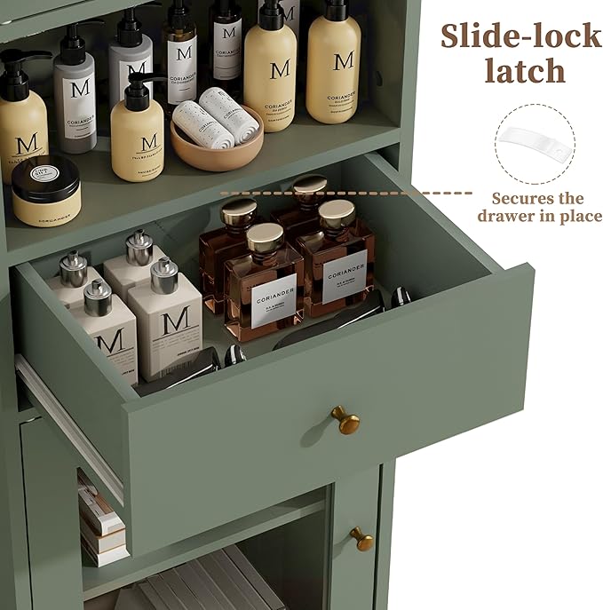 66.4" Tall Bathroom Storage Cabinet with Adjustable Shelves and Glass Doors, Anti-Tipping Narrow Cabinet, Linen Cabinet for Bathroom, Kitchen, Living Room, Olive Green